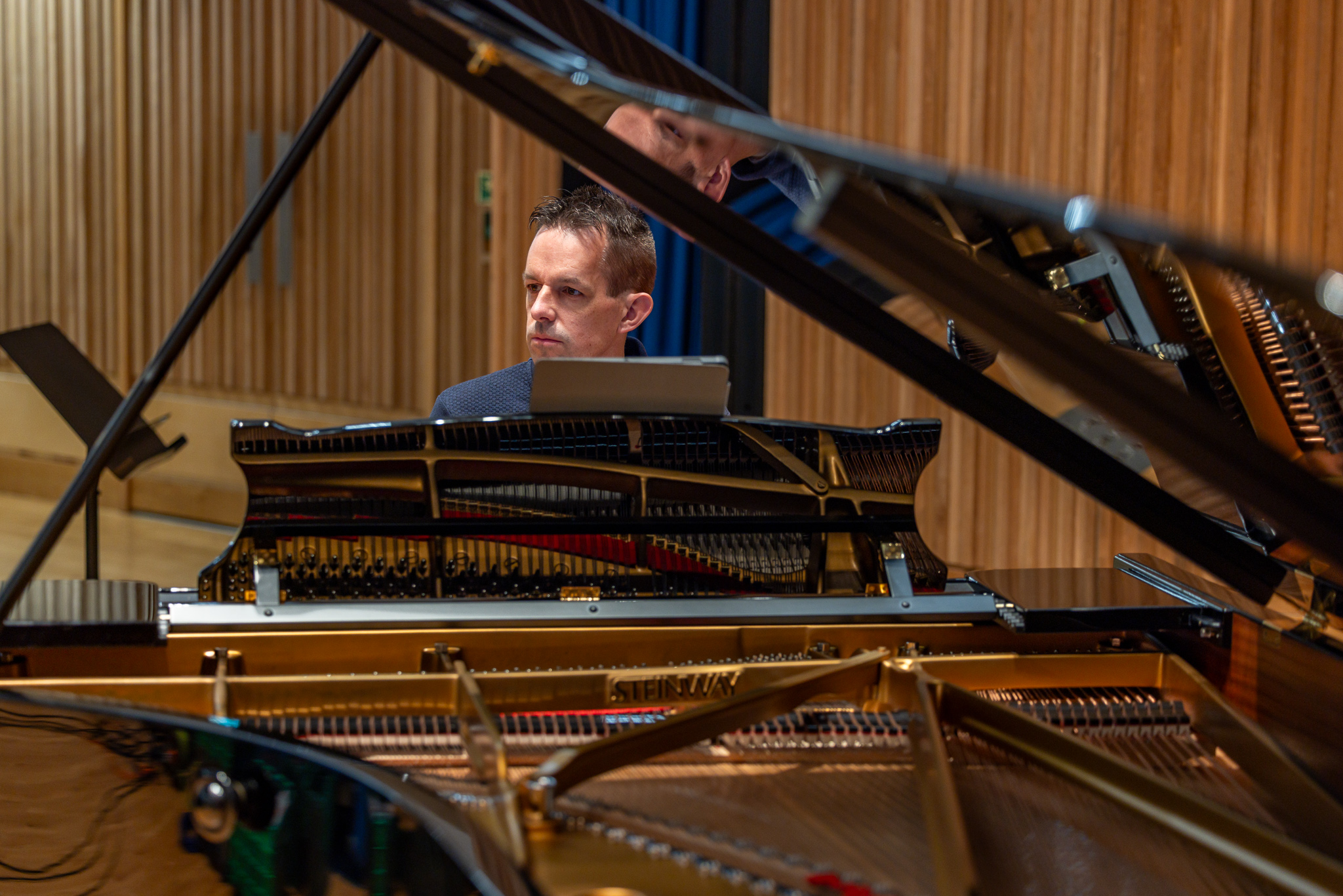 Pianist performing at Steinway grand piano during Phoenix Consort recording session
