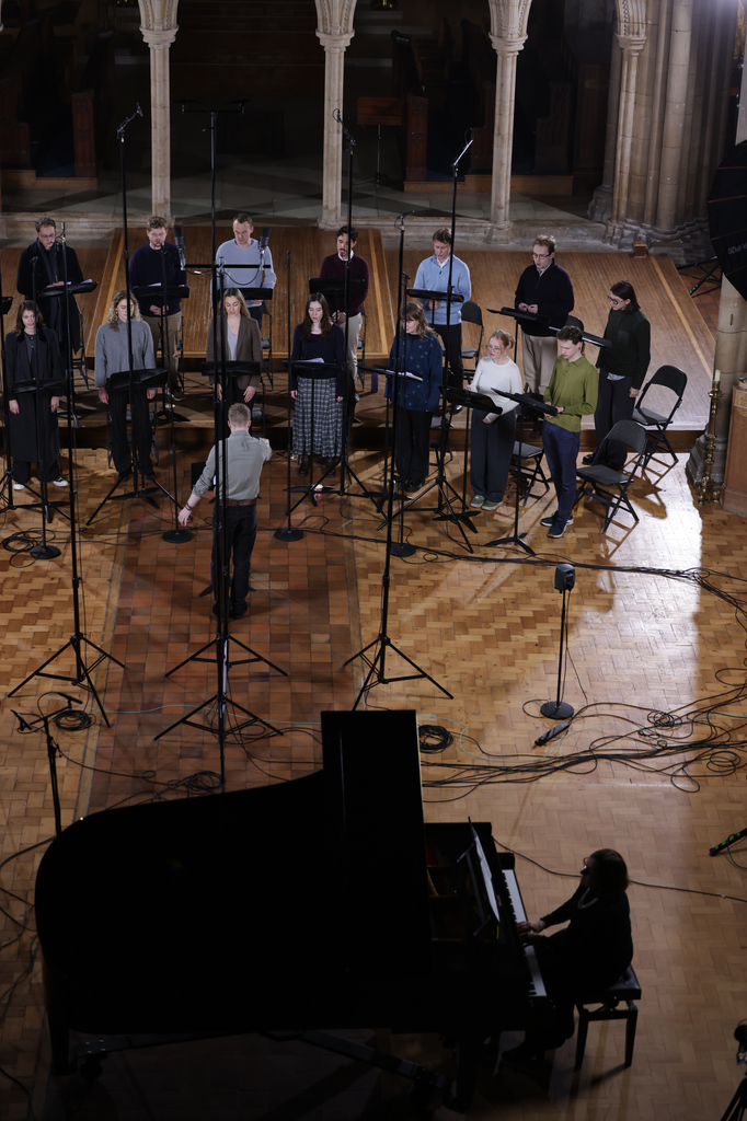 The Phoenix Consort performing in cathedral with grand piano overhead view